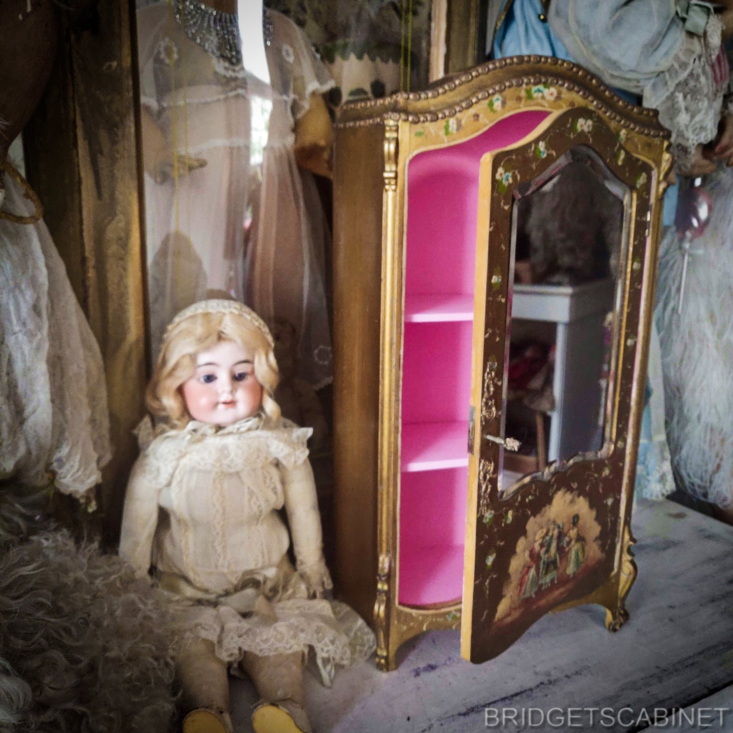 Antique French Vernis Martin Doll Cabinet