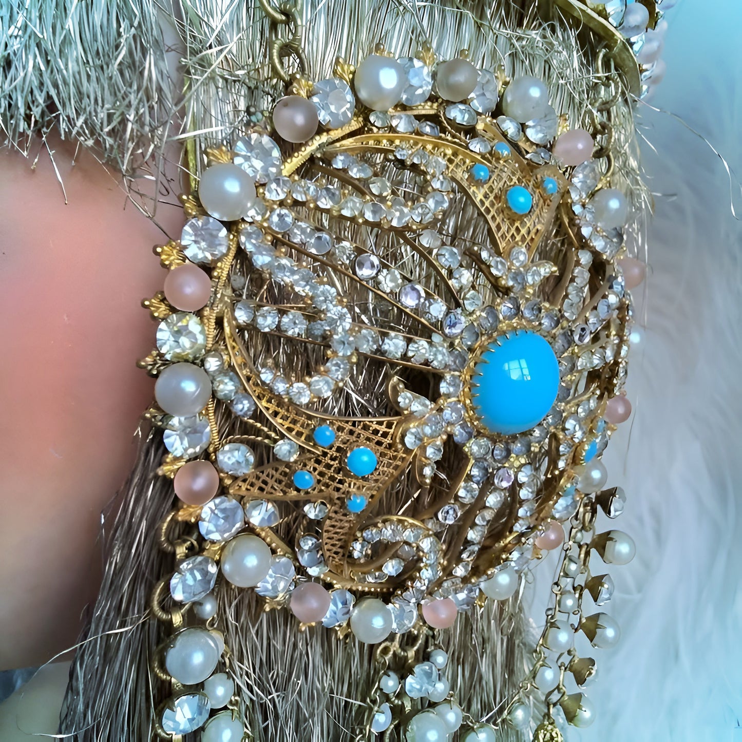Antique Gold Filigree Headdress – Late 1800s, Pearl & Turquoise Adornments