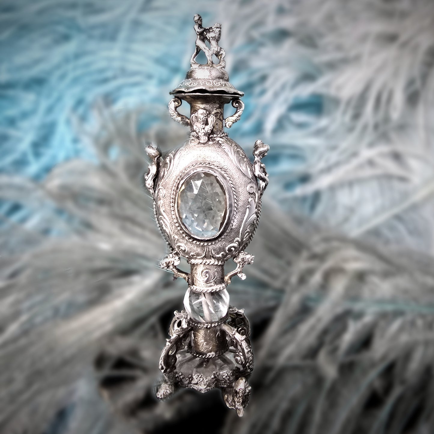 Rare Antique European Silver Perfume / Vinaigrette Bottle with Rock Crystal Windows