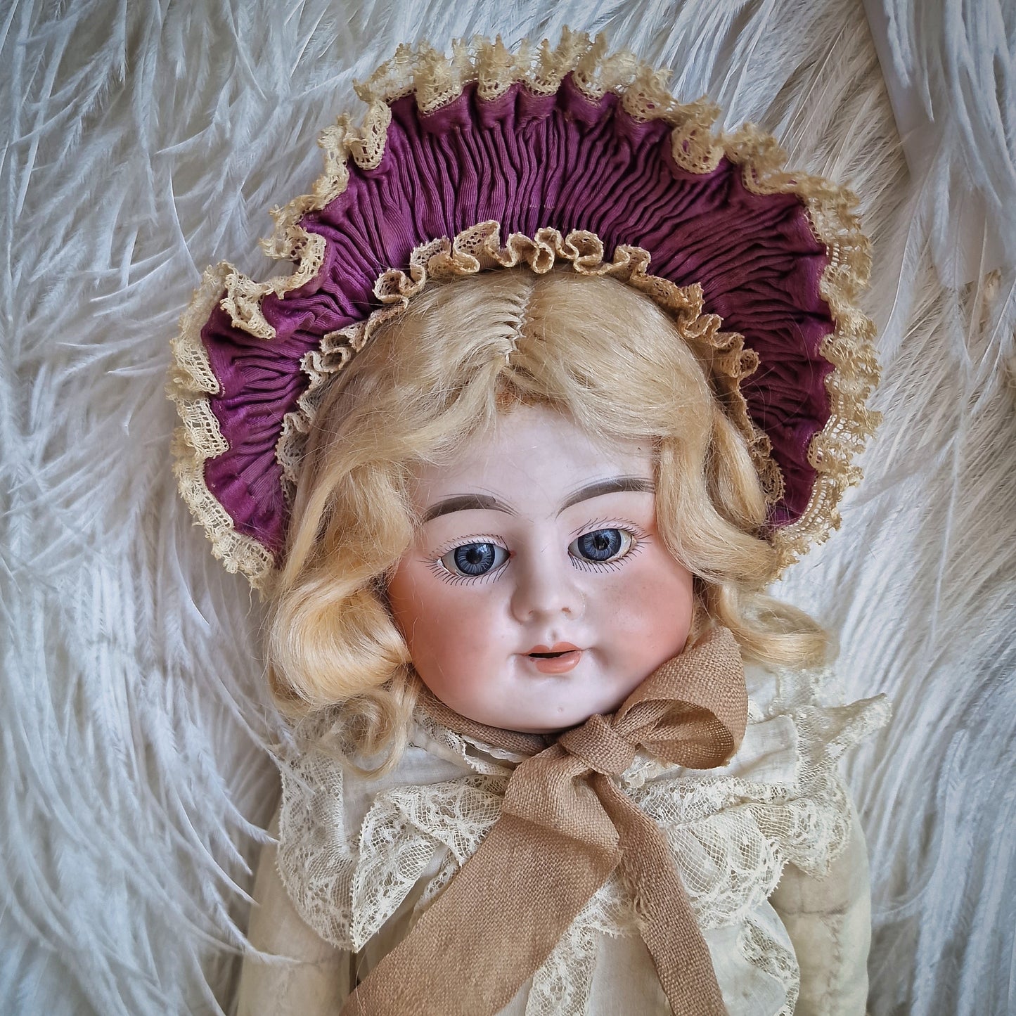 Antique French Doll Bonnet Ruffle Lace Purple