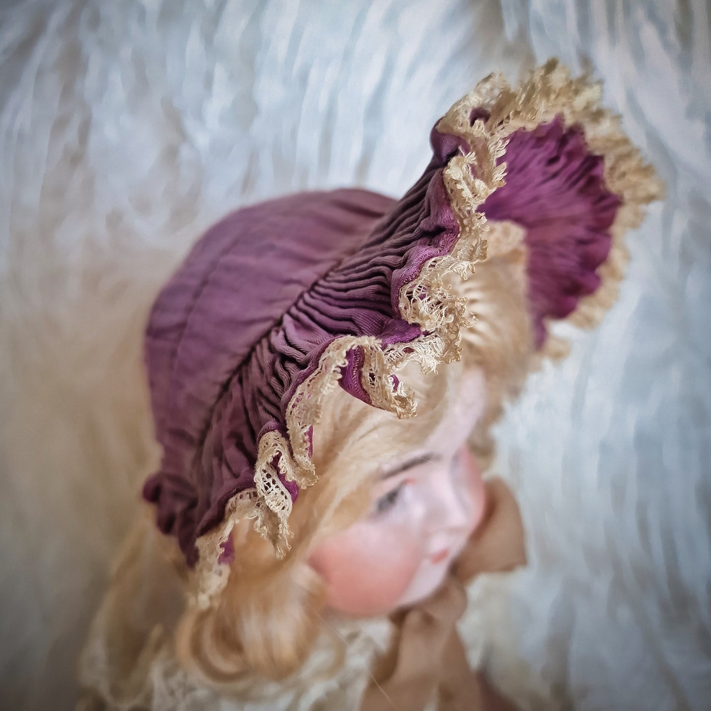 Antique French Doll Bonnet Ruffle Lace Purple