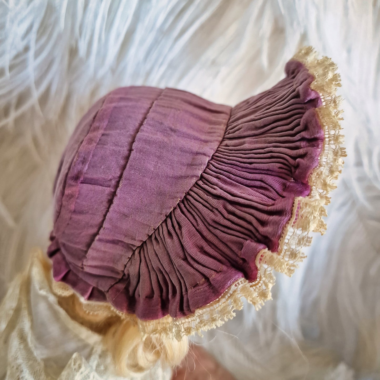 Antique French Doll Bonnet Ruffle Lace Purple