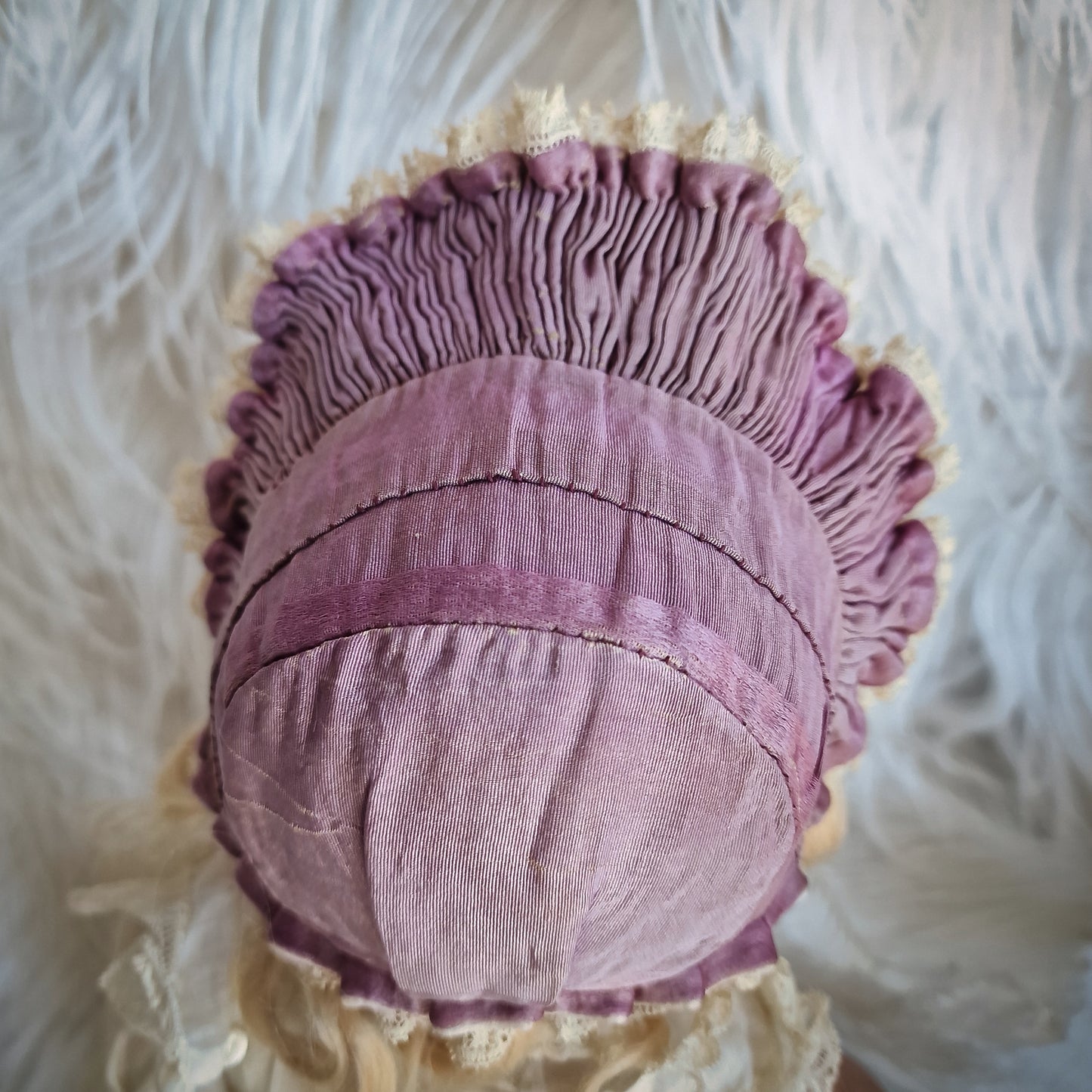 Antique French Doll Bonnet Ruffle Lace Purple