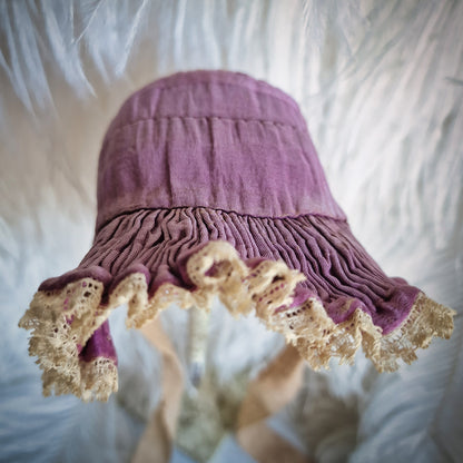 Antique French Doll Bonnet Ruffle Lace Purple