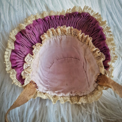 Antique French Doll Bonnet Ruffle Lace Purple
