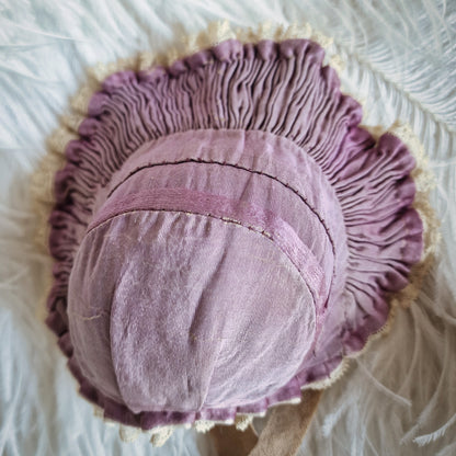 Antique French Doll Bonnet Ruffle Lace Purple
