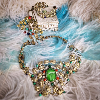 1920s Egyptian Revival Headdress Crown + Bracelet + Necklace Set