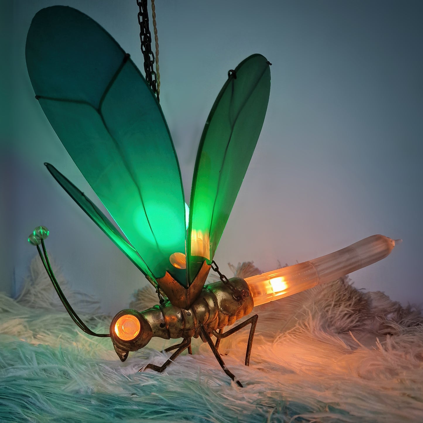 Very Rare 1920s Glass Brass Dragonfly Chandelier Lamp