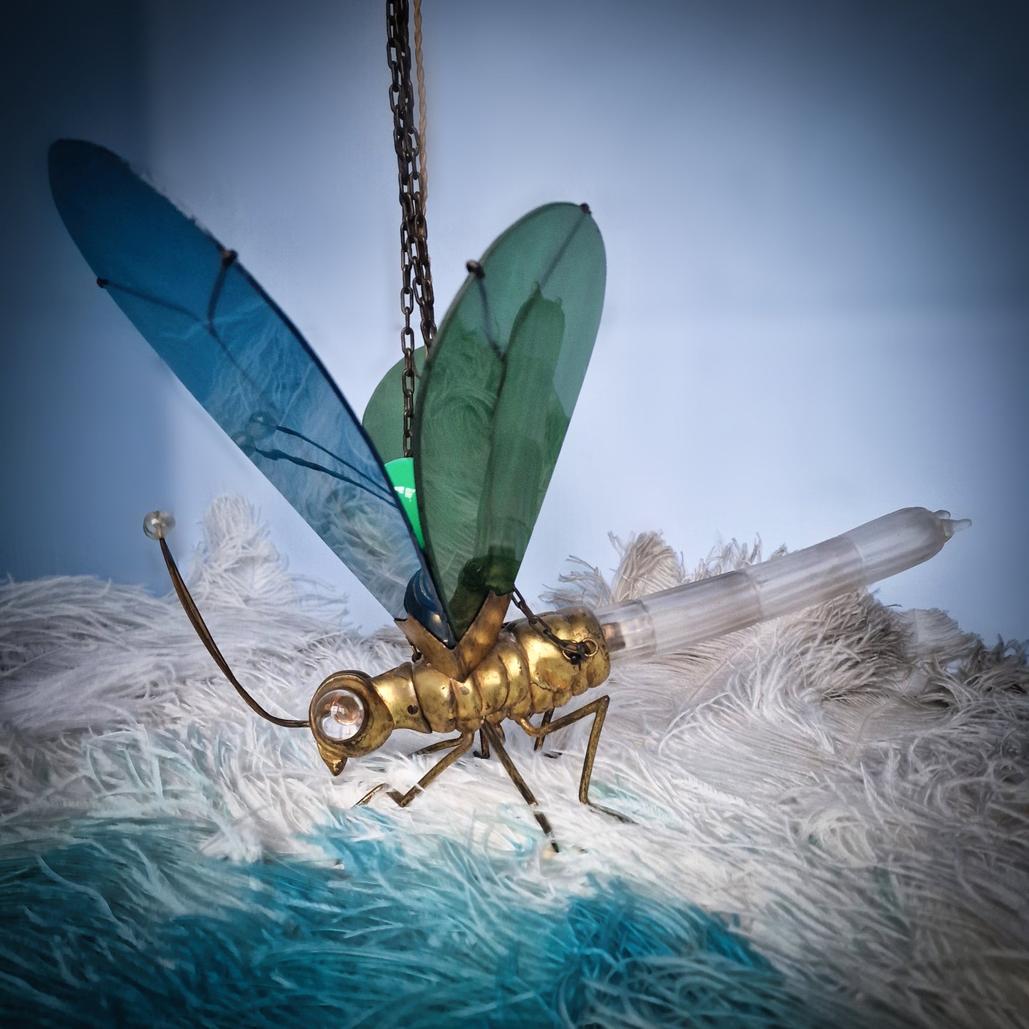 Very Rare 1920s Glass Brass Dragonfly Chandelier Lamp