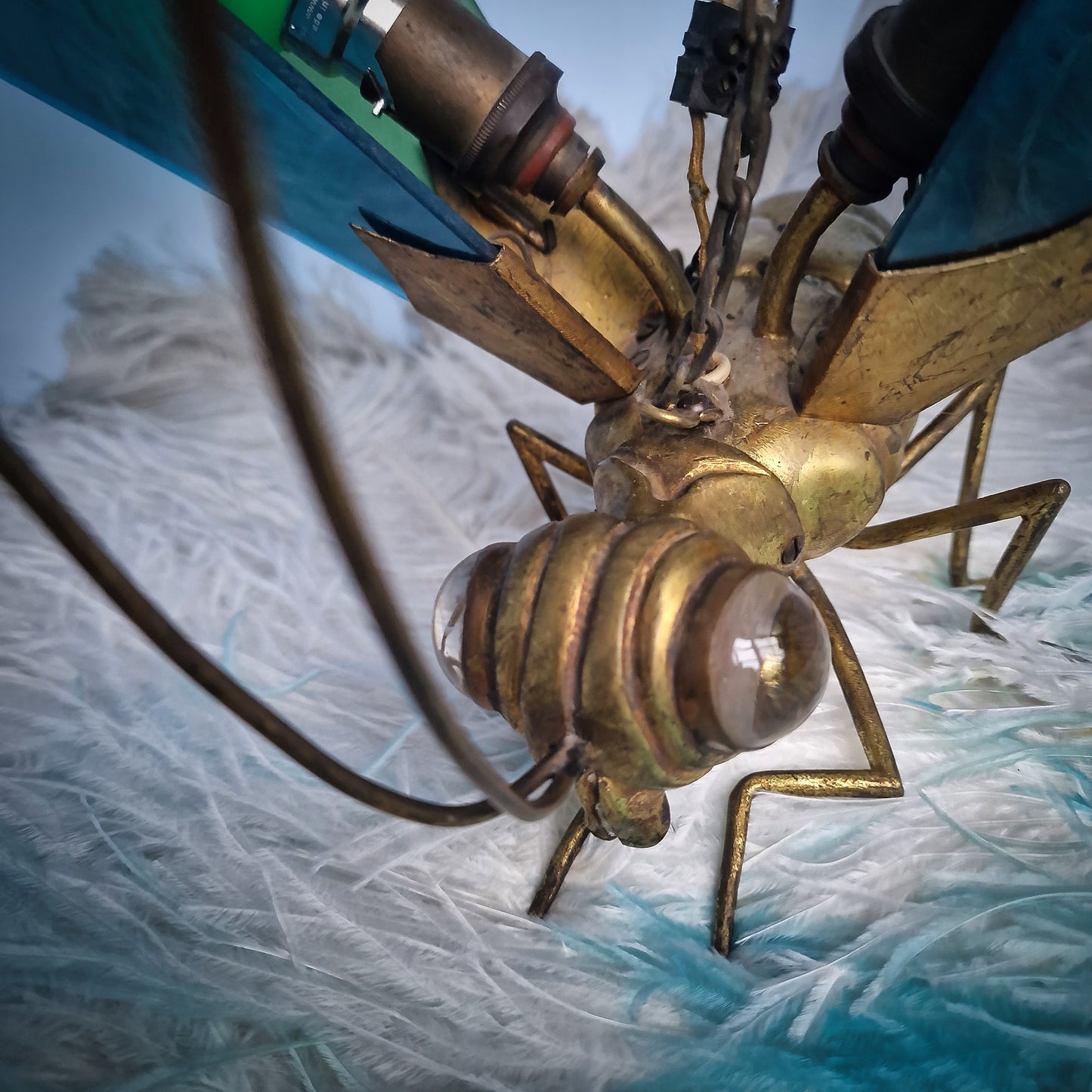 Very Rare 1920s Glass Brass Dragonfly Chandelier Lamp