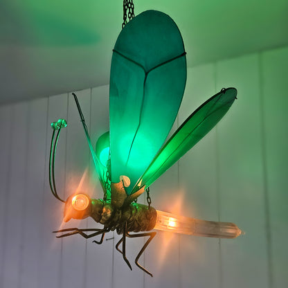 Very Rare 1920s Glass Brass Dragonfly Chandelier Lamp