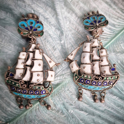 Antique Silver Galleon Ship Earrings