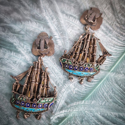 Antique Silver Galleon Ship Earrings