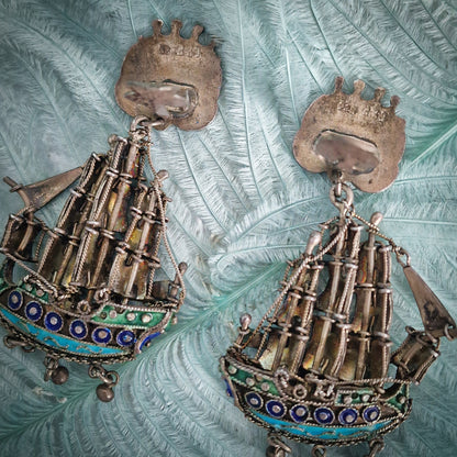 Antique Silver Galleon Ship Earrings