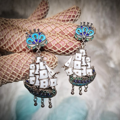 Antique Silver Galleon Ship Earrings