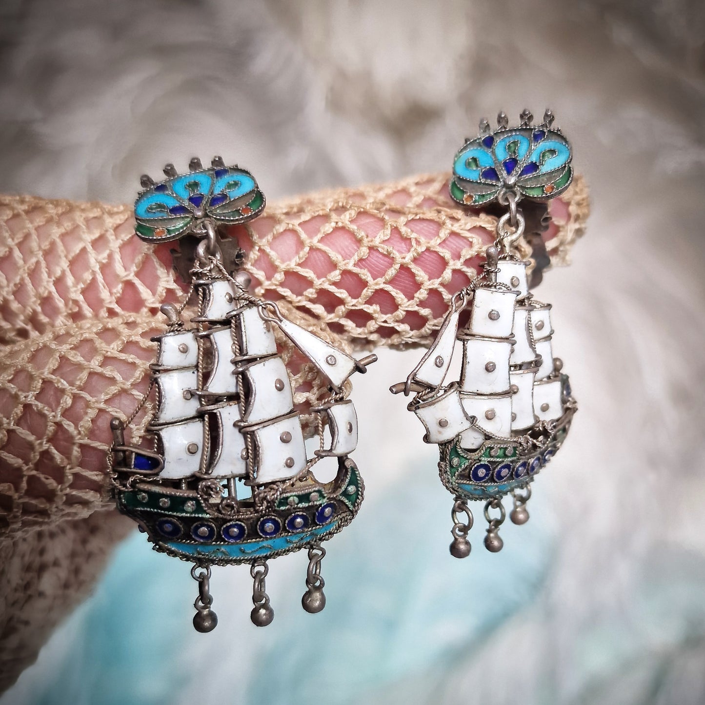 Antique Silver Galleon Ship Earrings