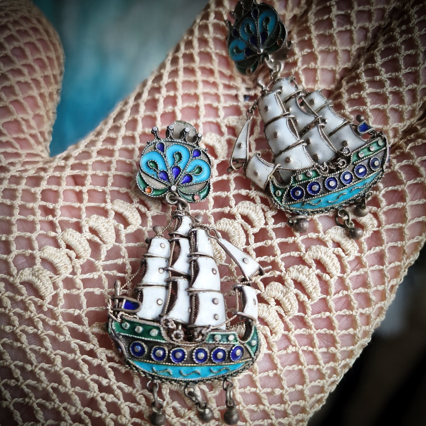 Antique Silver Galleon Ship Earrings