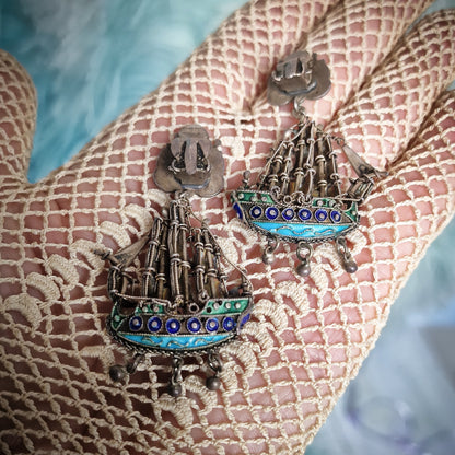 Antique Silver Galleon Ship Earrings