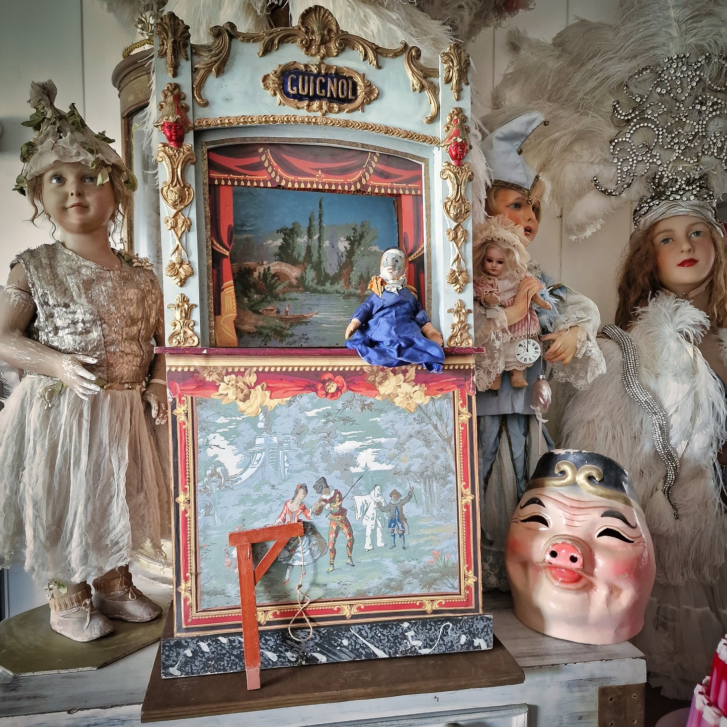 19th. C. Guignol Puppet Theater with wooden stand