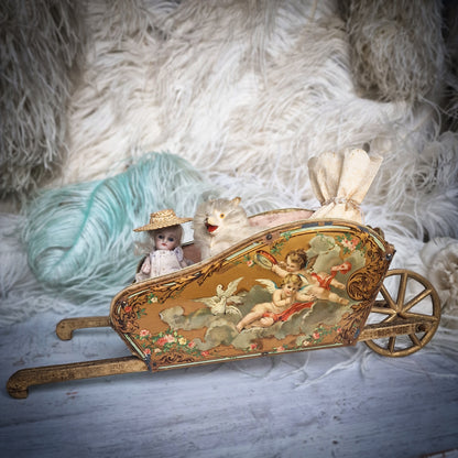 Antique Vernis Martin Wheelbarrow Cart Toy