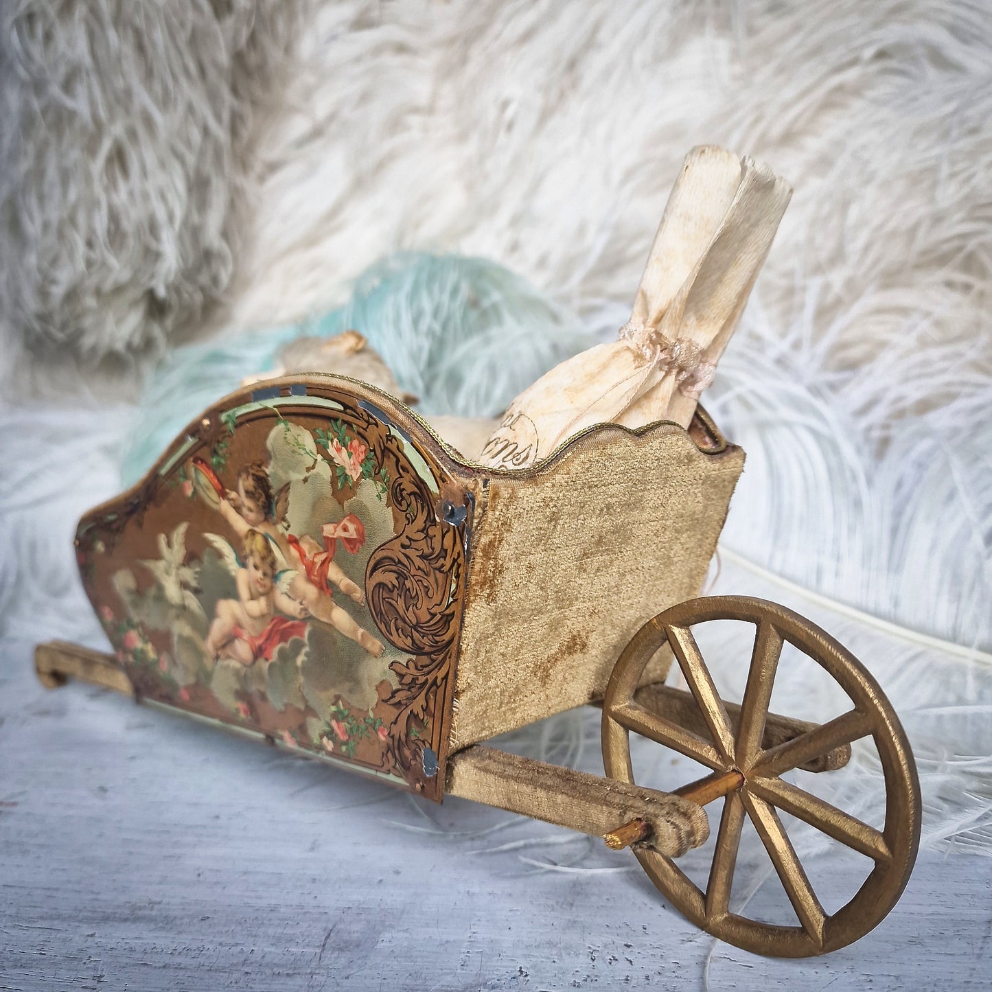 Antique Vernis Martin Wheelbarrow Cart Toy