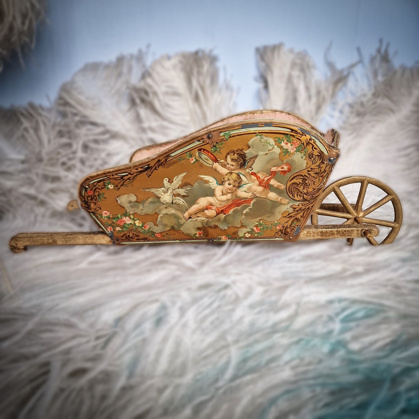 Antique Vernis Martin Wheelbarrow Cart Toy