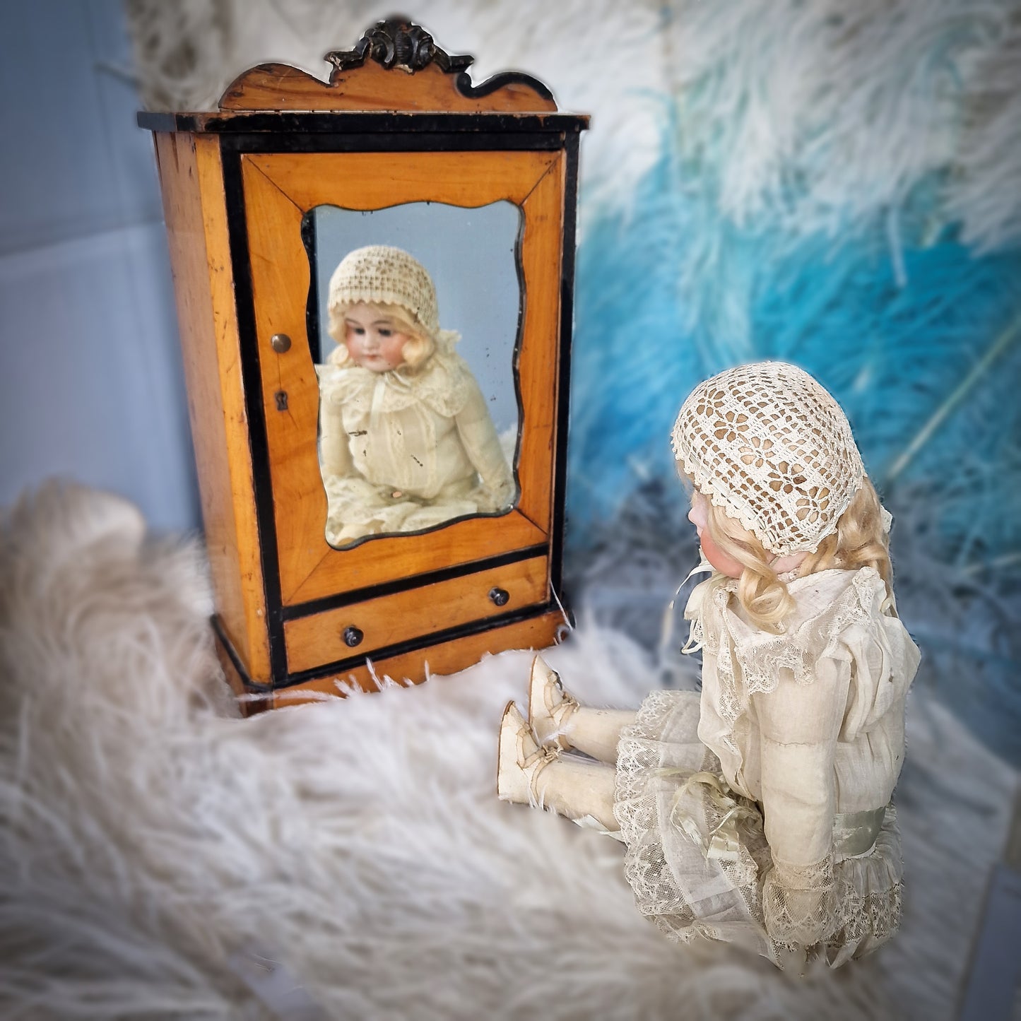 Antique French Mirror Doll Cabinet Furniture