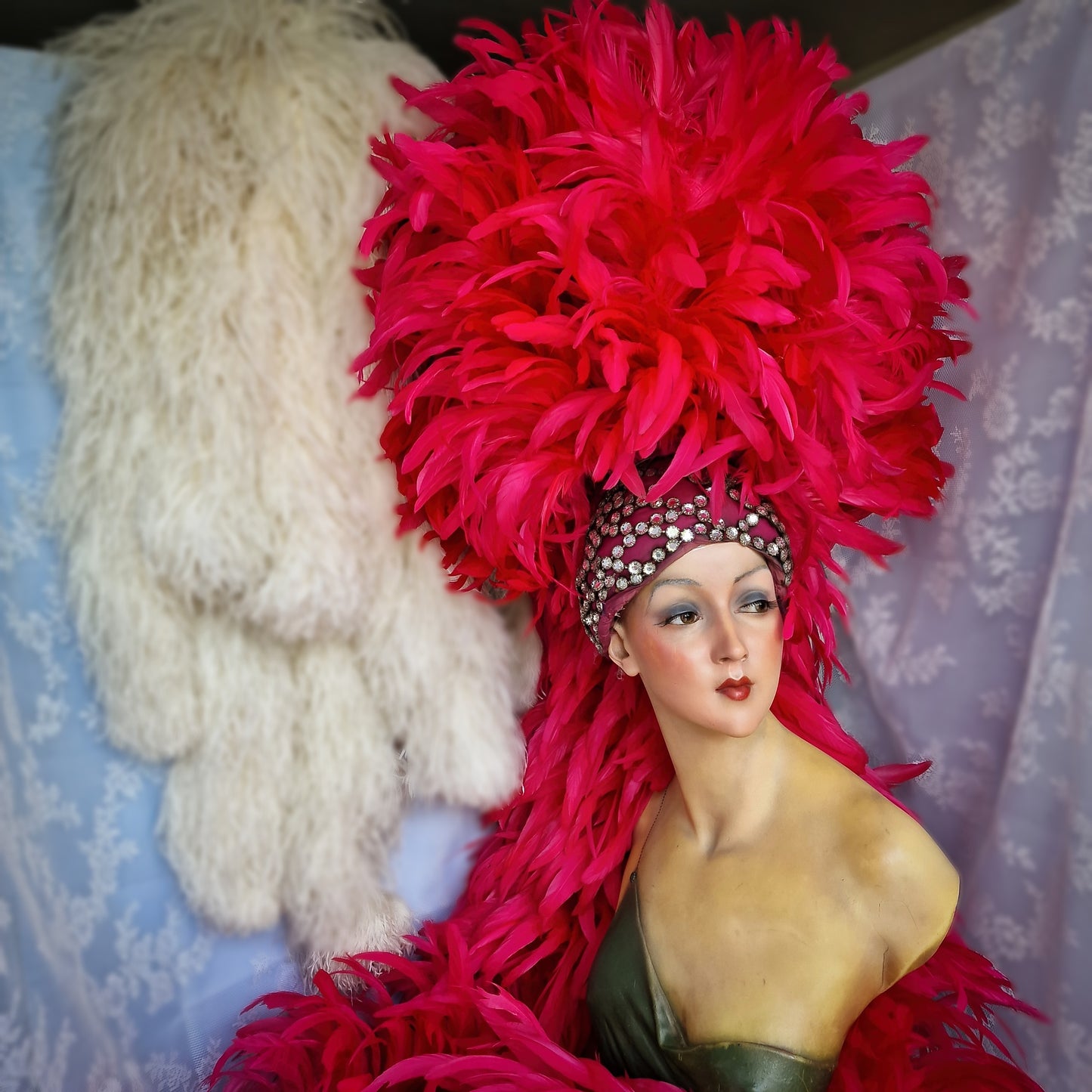 Vintage French Folies Bergère Headdress with Feathers and Rhinestones
