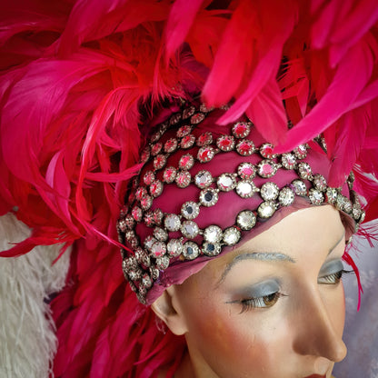 Vintage French Folies Bergère Headdress with Feathers and Rhinestones