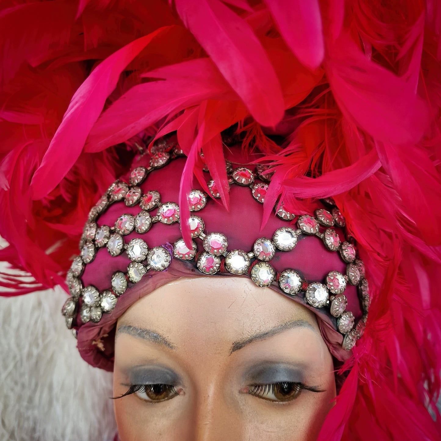 Vintage French Folies Bergère Headdress with Feathers and Rhinestones