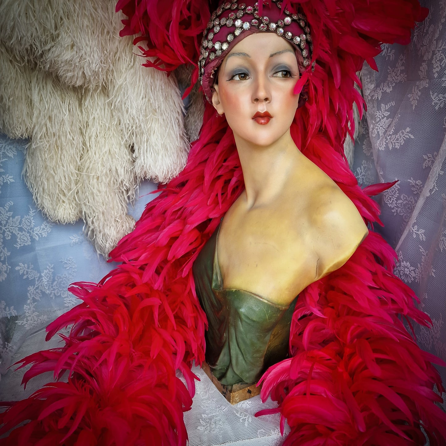 Vintage French Folies Bergère Headdress with Feathers and Rhinestones