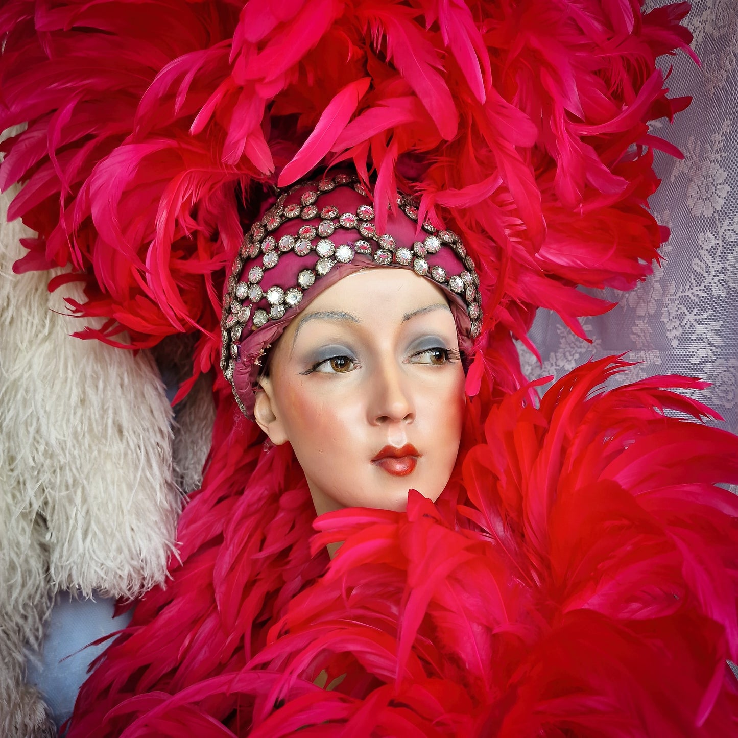 Vintage French Folies Bergère Headdress with Feathers and Rhinestones