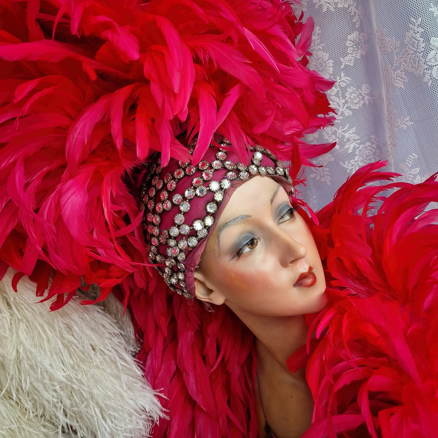 Vintage French Folies Bergère Headdress with Feathers and Rhinestones
