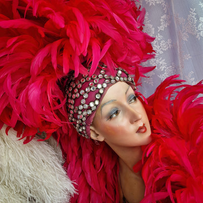 Vintage French Folies Bergère Headdress with Feathers and Rhinestones