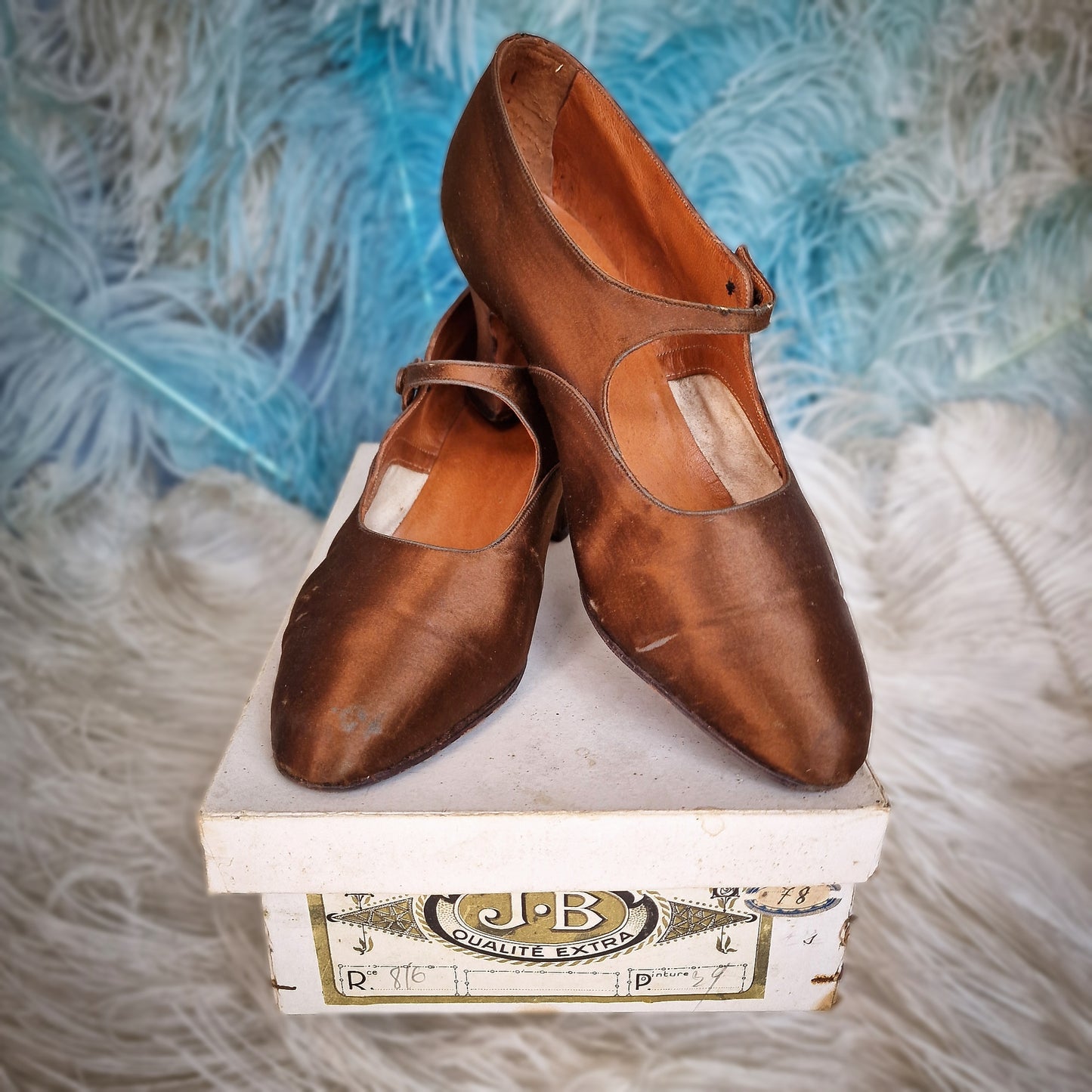 French Pair of 1920s Satin Flapper Shoes with Original Box