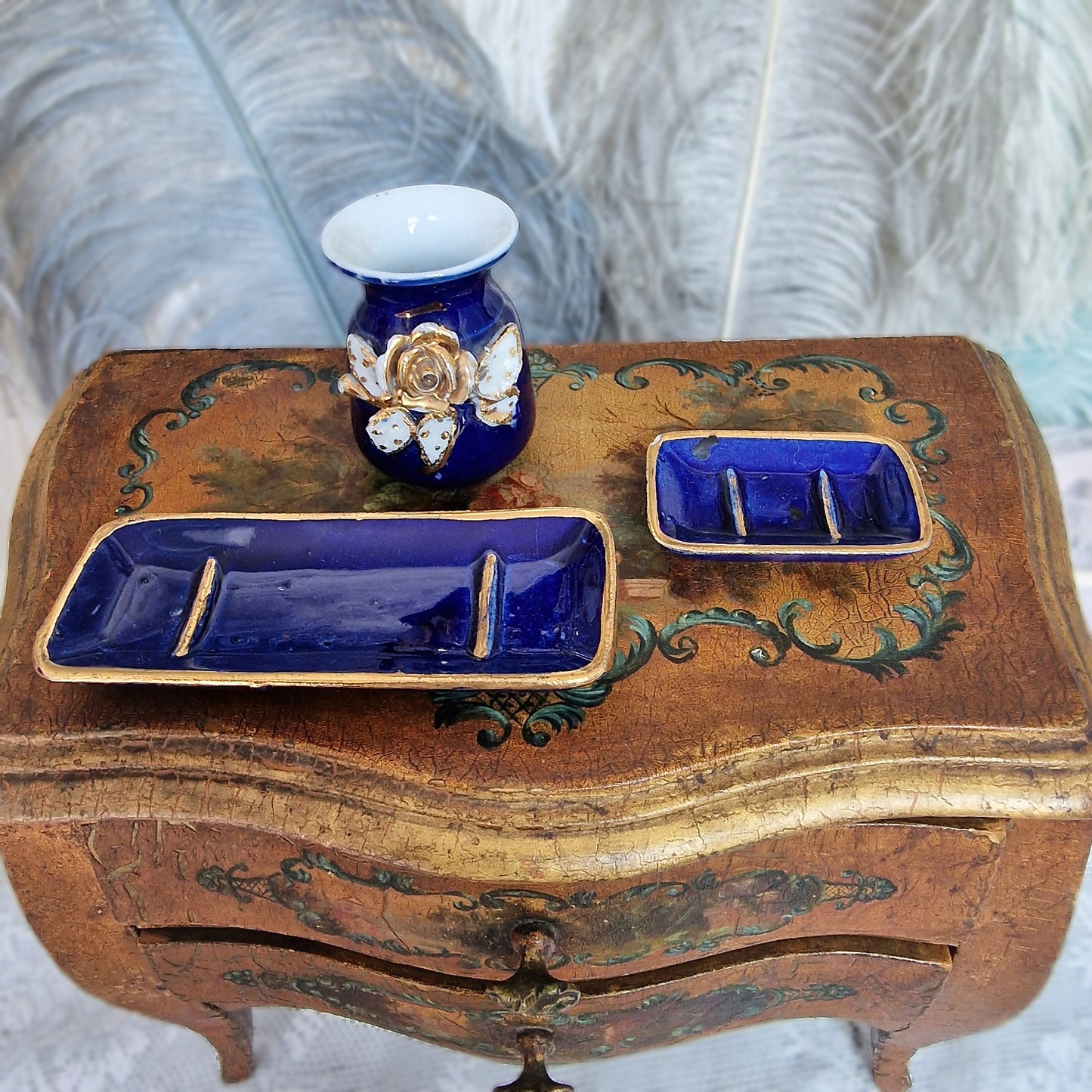 Elegant Miniature Boudoir Set – Cobalt Blue, 3-Piece French Dressing Table Decor