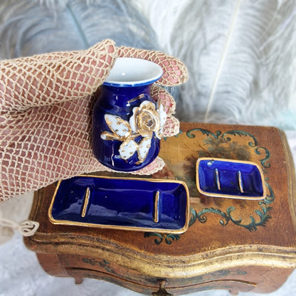 Elegant Miniature Boudoir Set – Cobalt Blue, 3-Piece French Dressing Table Decor
