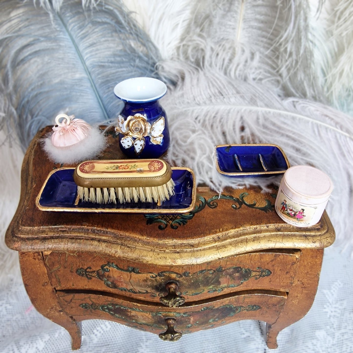 Elegant Miniature Boudoir Set – Cobalt Blue, 3-Piece French Dressing Table Decor