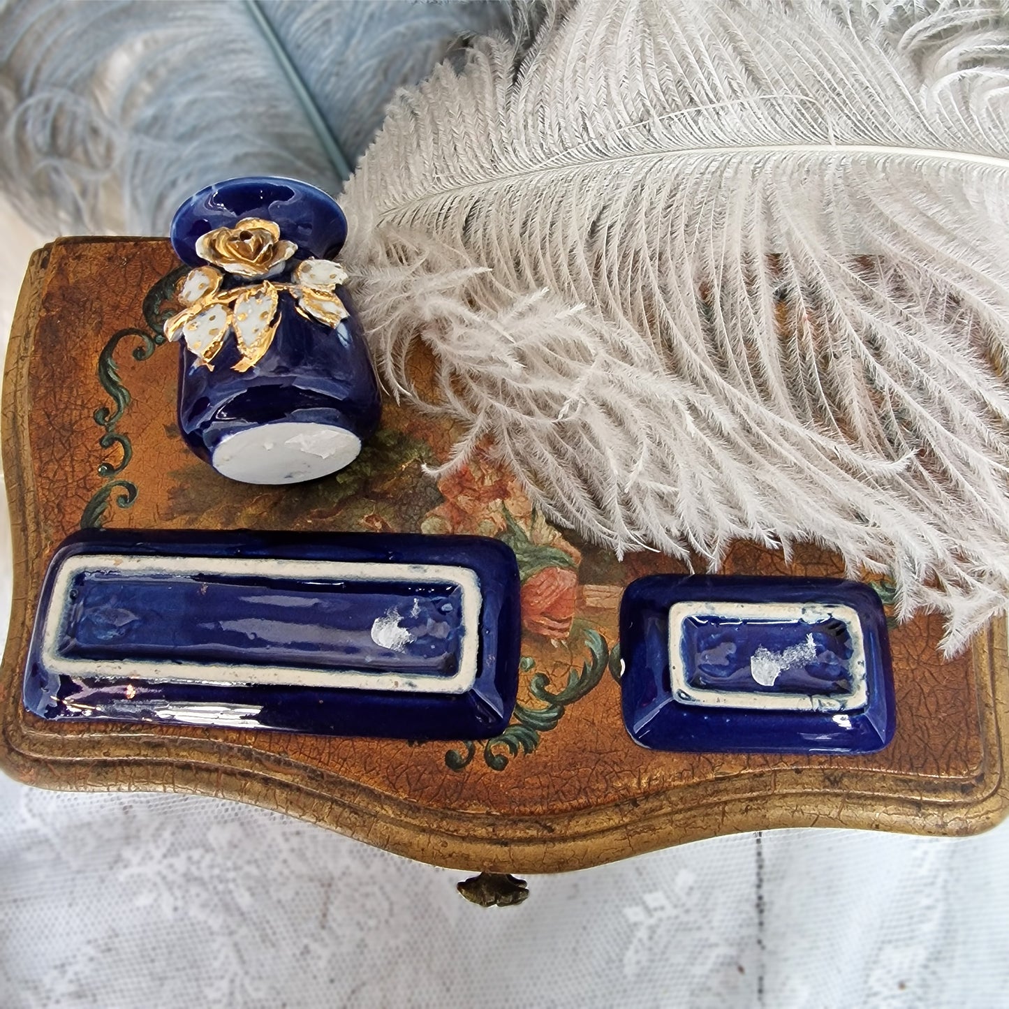 Elegant Miniature Boudoir Set – Cobalt Blue, 3-Piece French Dressing Table Decor