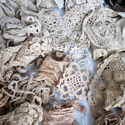 Lot Antique French Lace Ribbons Crochet Trims Textiles Doll Restoration Sewing Craft Millinery Parts