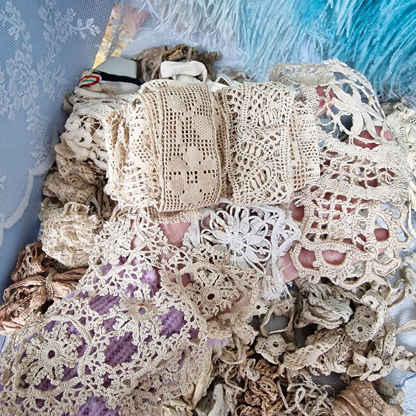 Lot Antique French Lace Ribbons Crochet Trims Textiles Doll Restoration Sewing Craft Millinery Parts