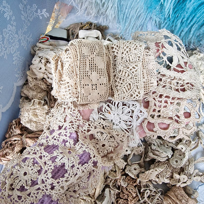 Lot Antique French Lace Ribbons Crochet Trims Textiles Doll Restoration Sewing Craft Millinery Parts