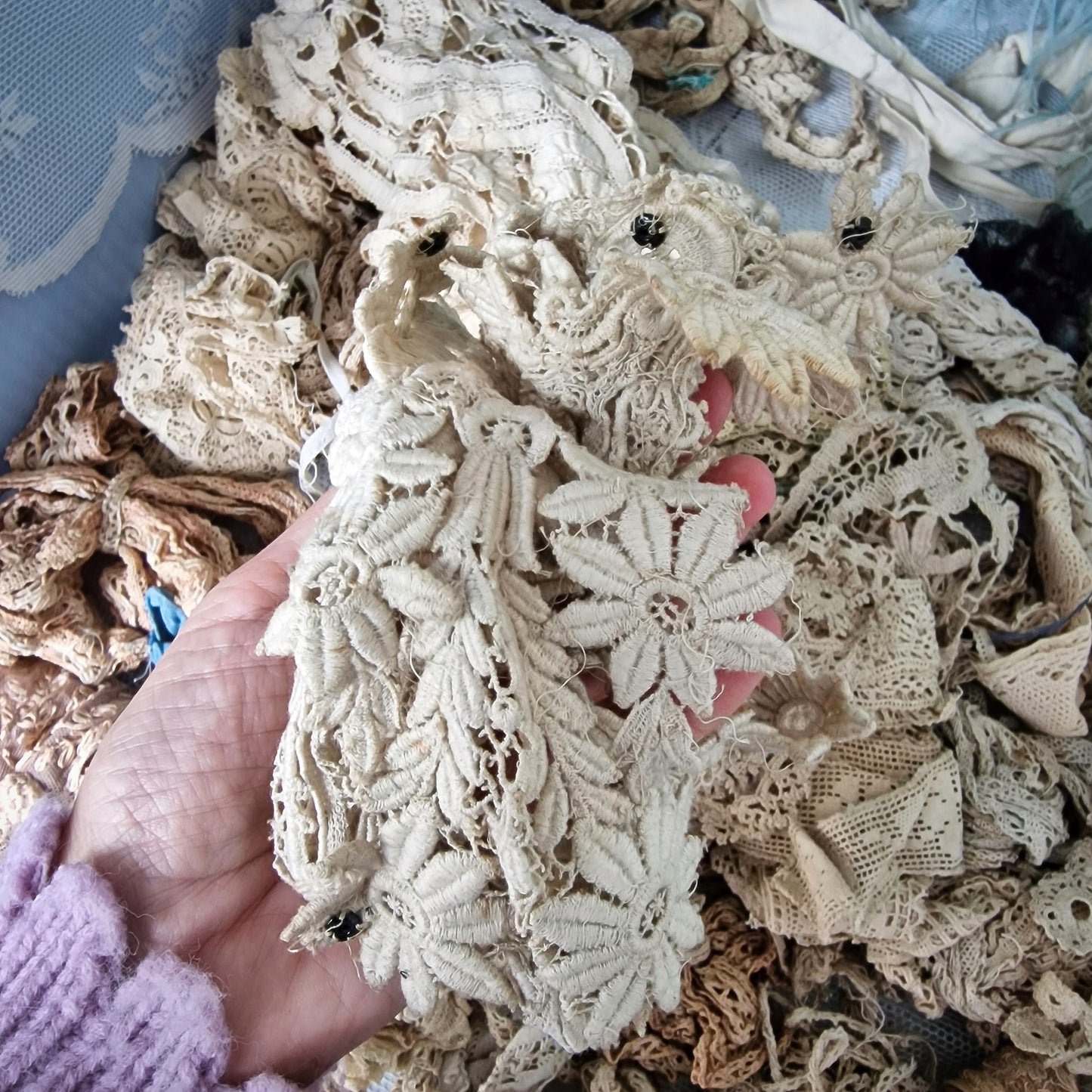Lot Antique French Lace Ribbons Crochet Trims Textiles Doll Restoration Sewing Craft Millinery Parts