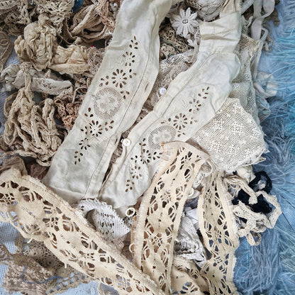 Lot Antique French Lace Ribbons Crochet Trims Textiles Doll Restoration Sewing Craft Millinery Parts