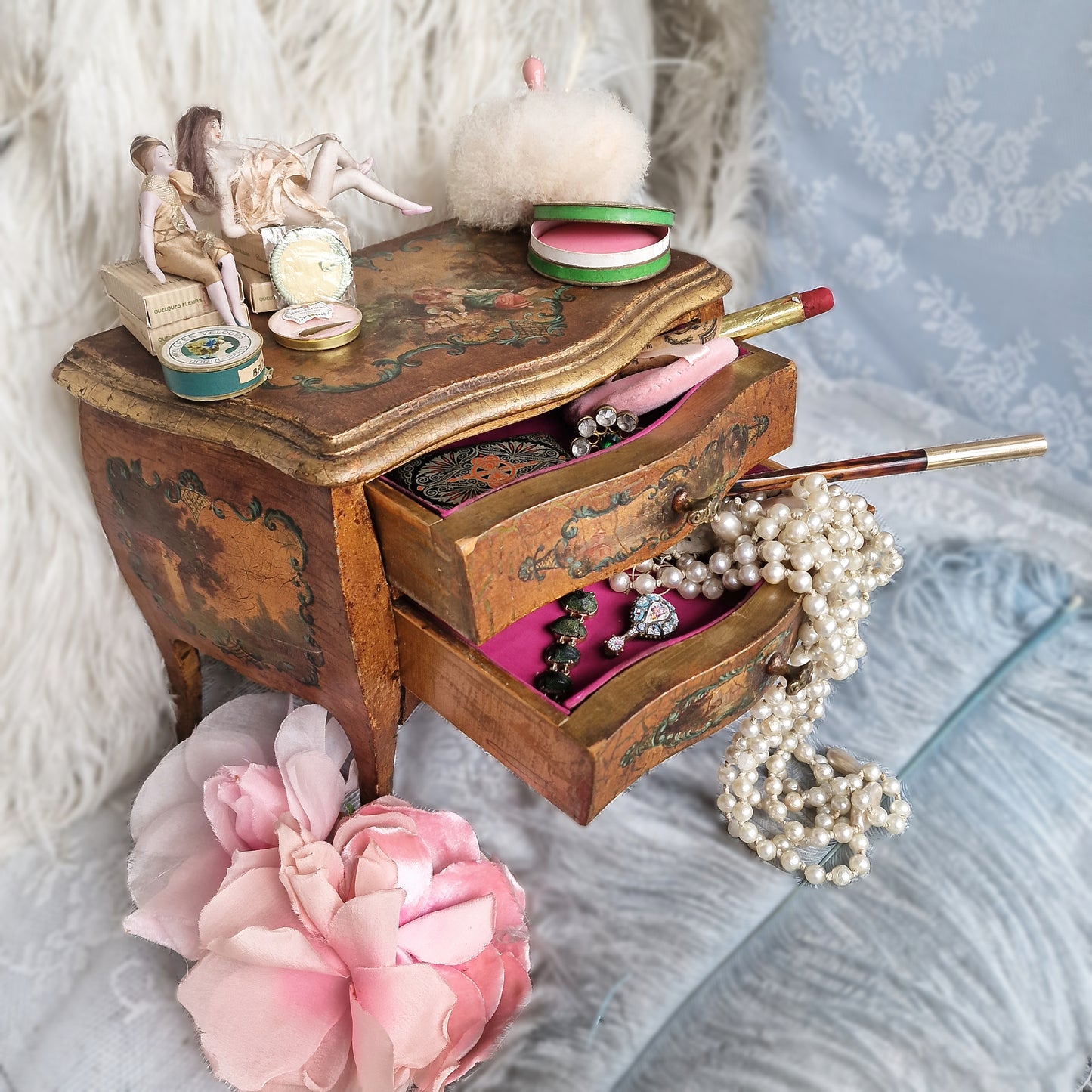 1890s French Vernis Martin Miniature Drawers Cabinet
