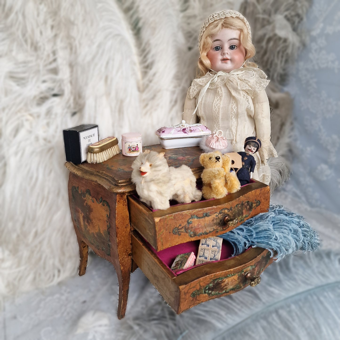 1890s French Vernis Martin Miniature Drawers Cabinet