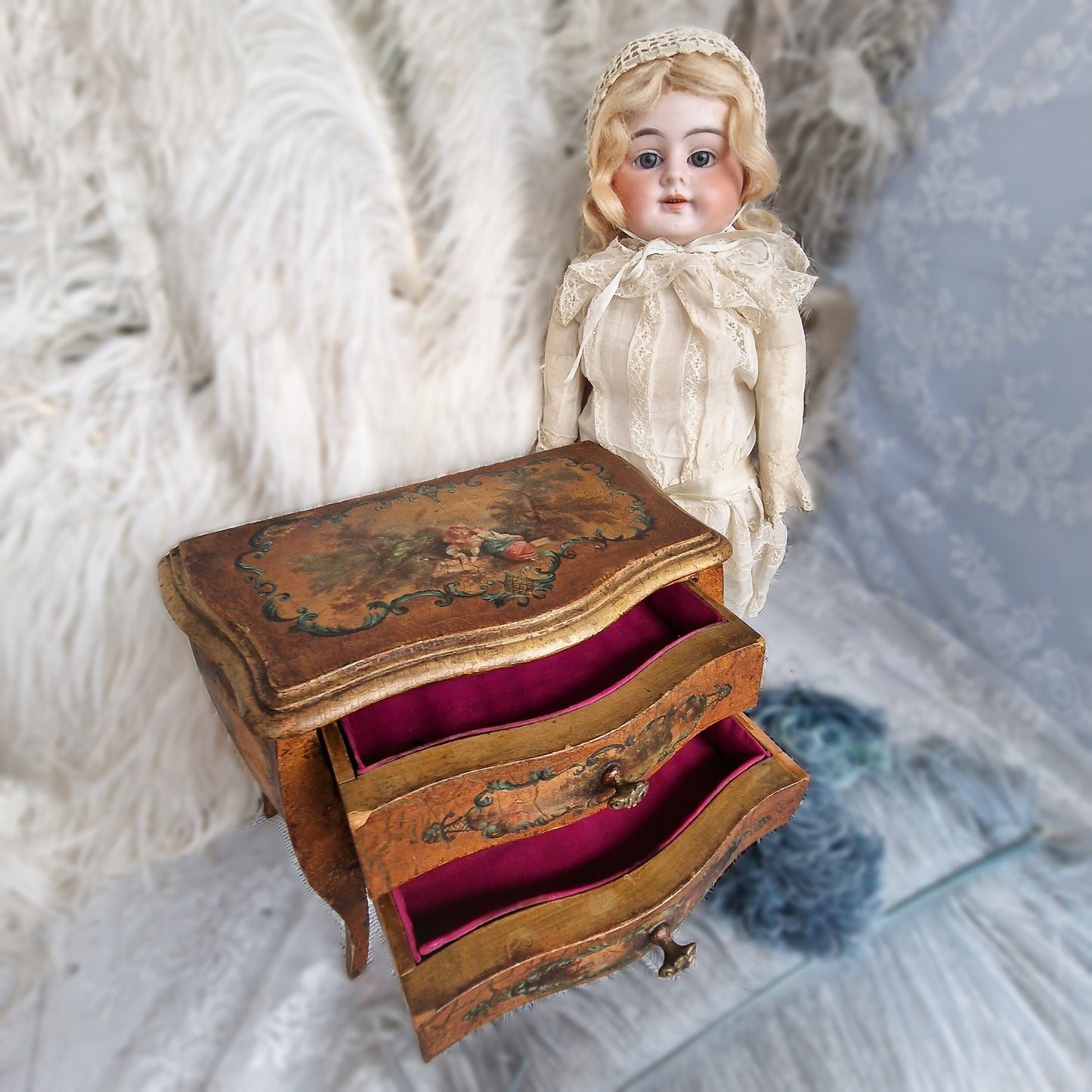1890s French Vernis Martin Miniature Drawers Cabinet