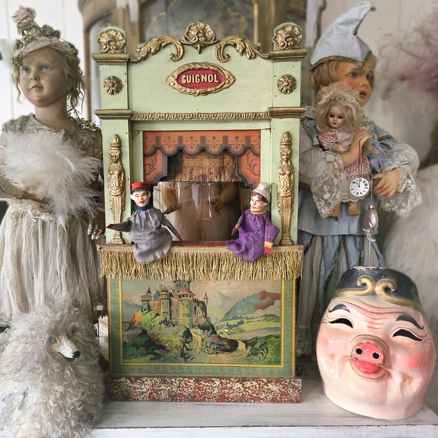 19th.Century Guignol Theater medium sizes with 2 puppets