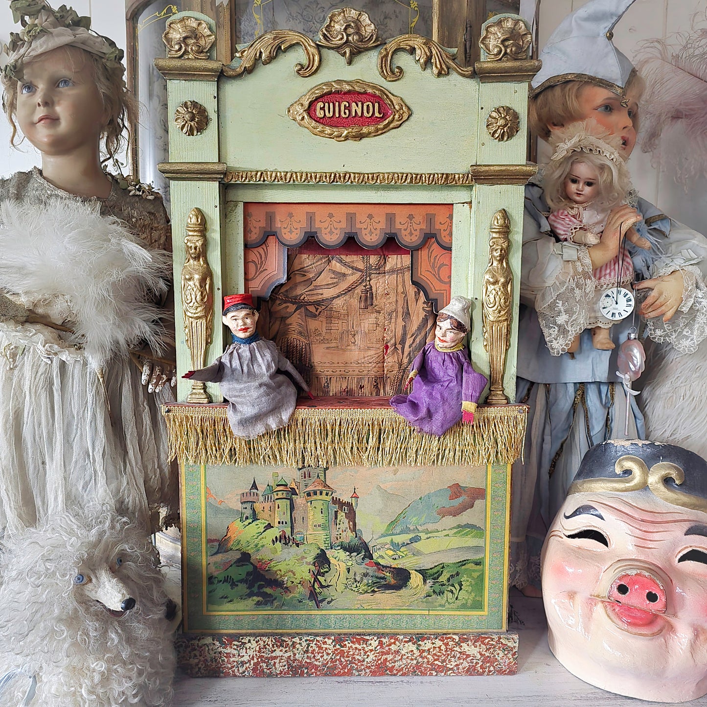 19th.Century Guignol Theater medium sizes with 2 puppets