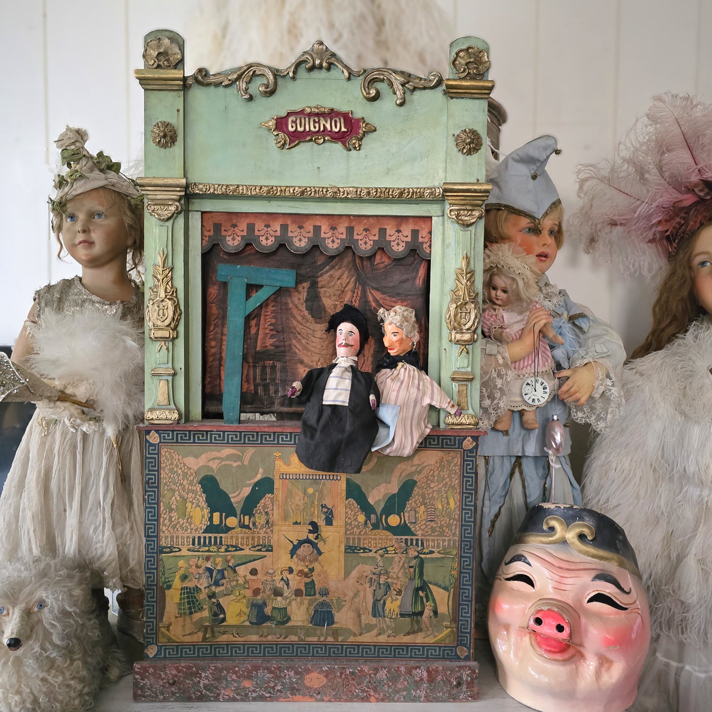 19th C. Guignol Theater with 2 Puppets Large